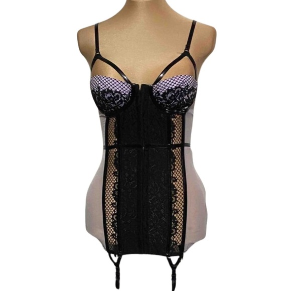 Victoria’s Secret Bustier Corset 36B Black & Lavender Sheer Lingerie Garters - Picture 1 of 7